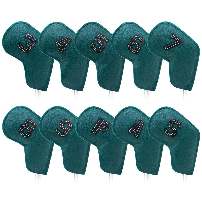 Dark Green Golf Iron Head Covers Set of 10 - Waterproof PU Leather Club Protectors with Embroidered Numbers (3-9, P, A, S)