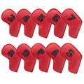 Red Golf Iron Head Covers Set of 10 - Waterproof PU Leather Club Protectors with Embroidered Numbers (3-9, P, A, S)
