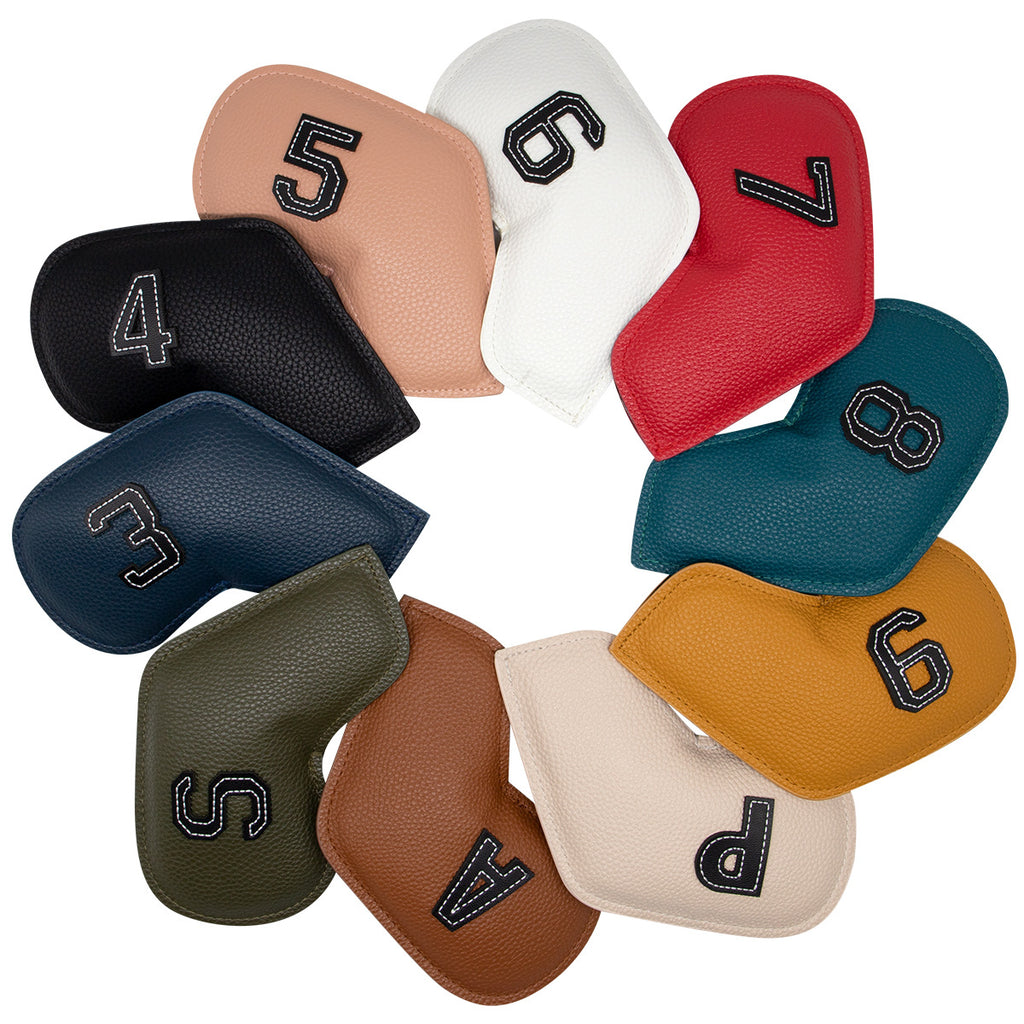 Beige Golf Iron Head Covers Set of 10 - Waterproof PU Leather Club Protectors with Embroidered Numbers (3-9, P, A, S)