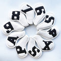 Black Words On White Background PU Leather Golf Iron Headcovers Set (10pcs) - Numbered Protective Club Covers (4-9, P, A, S, L) Universal Fit