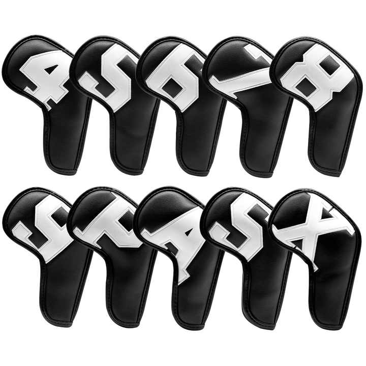 White Words On Black Background PU Leather Golf Iron Headcovers Set (10pcs) - Numbered Protective Club Covers (4-9, P, A, S, L) Universal Fit